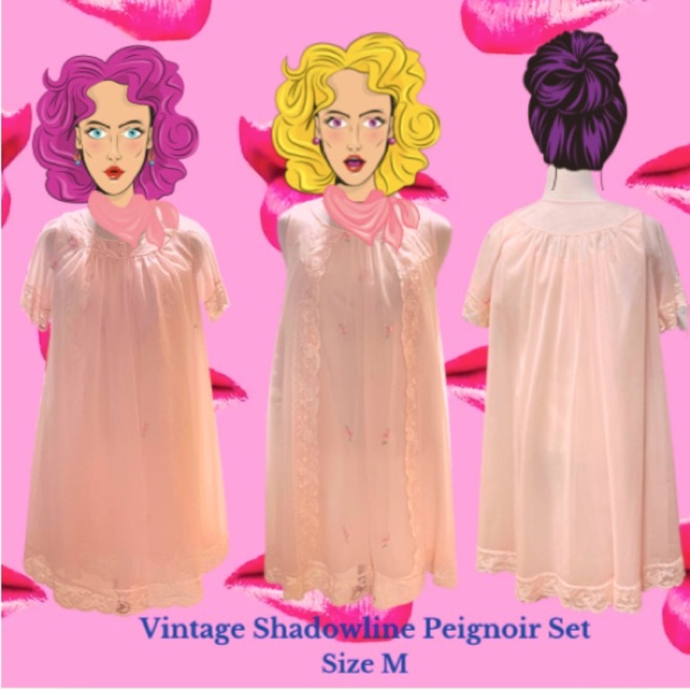 Size M Vintage Pink Flower Sheer Sexy Shadowline Peignoir Set Negligee Bathrobe